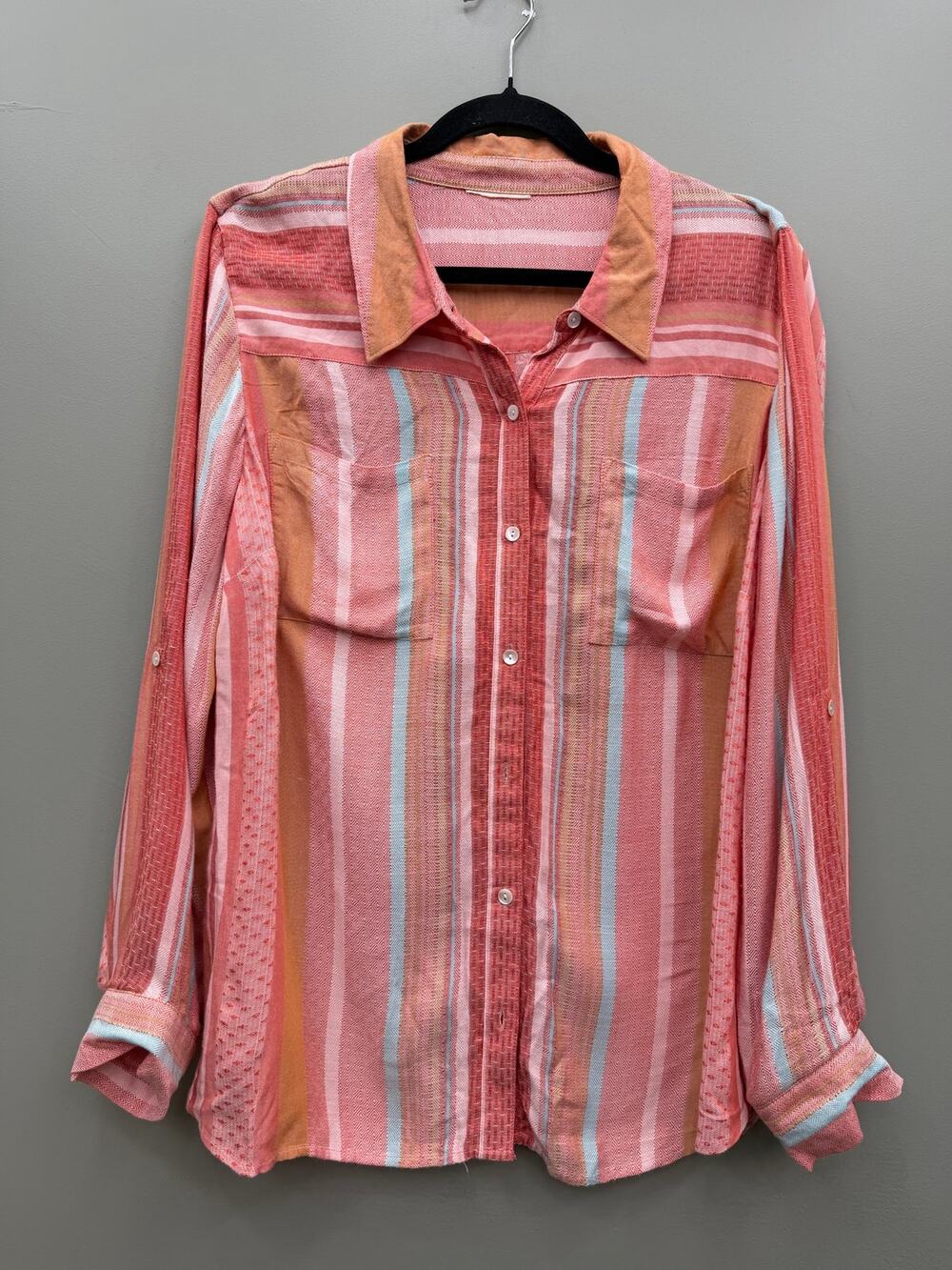 Anthropologie Maeve Wynwood Striped Button Down Shirt XL Coral Blue Boho